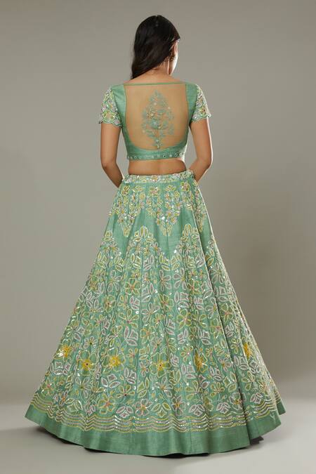 I Am Design_Green Raw , Organza Floral Apple Candy Embroidered Bridal Lehenga Set _Online_at_Aza_Fashions