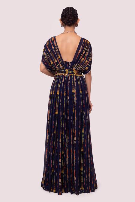Shop Onaya Blue Georgette Cut Work, Mirrors Square Abstract Print Butterfly Sleeve Gown at Aza Fashions Shop_Onaya_Blue Georgette Cut Work, Mirrors Square Abstract Print Butterfly Sleeve Gown_at_Aza_Fashions