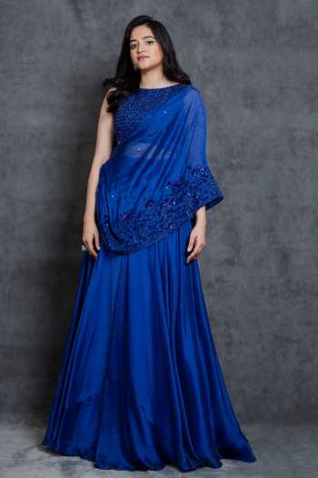 Shop Sunita Bhandari Blue Viscose, Organza Sequins, Beads Draped Lehenga And Embroidered Blouse Set at Aza Fashions Shop_Sunita Bhandari_Blue Viscose, Organza Sequins, Beads Draped Lehenga And Embroidered Blouse Set _at_Aza_Fashions
