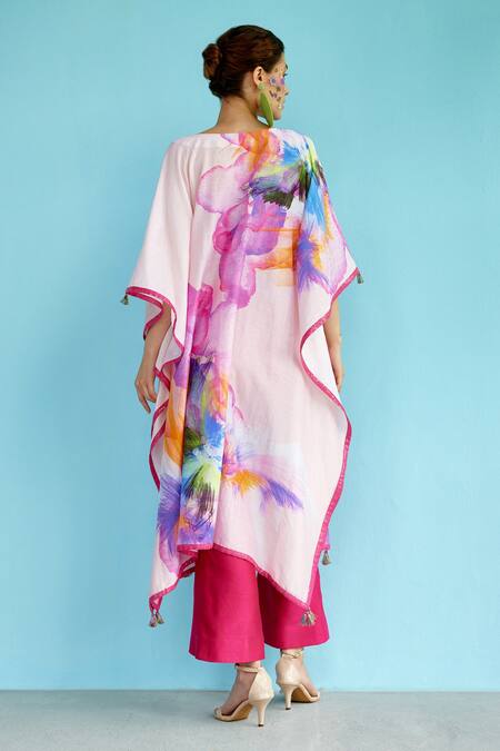 Shop_Garima Bindal_Fuchsia Silk, Chanderi Tassels, Sequins Open Neck, Printed Kaftan And Pant Set _at_Aza_Fashions