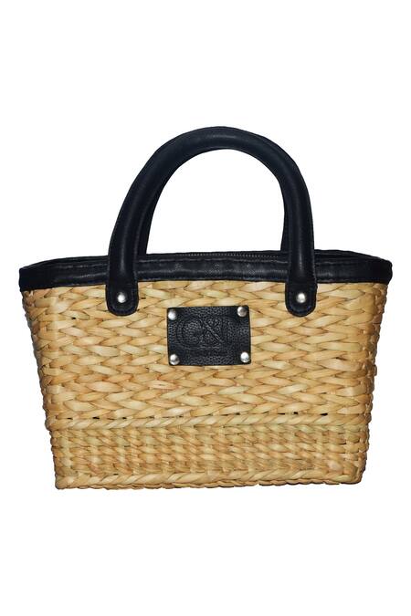Shop_Ginn And Tonik_Beige Beads Evil Eye Basket Woven Beach Bag_at_Aza_Fashions