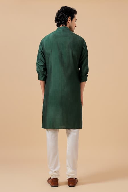 Shop Raghavendra Rathore Blue Green Silk Band Collar Pleated Kurta at Aza Fashions Shop_Raghavendra Rathore Blue_Green Silk Band Collar Pleated Kurta _at_Aza_Fashions
