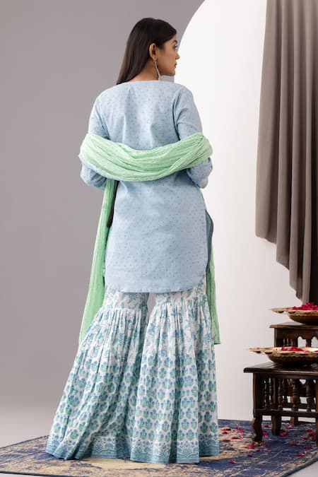 Shop Abbaran Blue Cotton Embroidery Round Neck Hand Block Print Kurta Gharara Set at Aza Fashions Shop_Abbaran_Blue Cotton Embroidery Round Neck Hand Block Print Kurta Gharara Set _at_Aza_Fashions