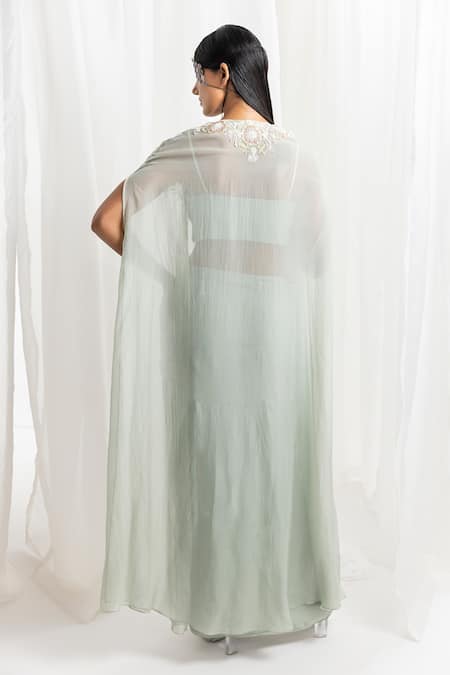 Seema Thukral Green Georgette Sequins, Beads, Floral Embellished Cape And Draped Skirt Set Online at Aza Fashions Seema Thukral_Green Georgette Sequins, Beads, Floral Embellished Cape And Draped Skirt Set _Online_at_Aza_Fashions