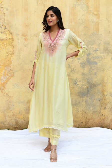Shop Label Niti Bothra Yellow Silk Beads, Embroidery V-neck Ombre Bodice Long Kurta And Palazzo Set at Aza Fashions Shop_Label Niti Bothra_Yellow Silk Beads, Embroidery V-neck Ombre Bodice Long Kurta And Palazzo Set _at_Aza_Fashions