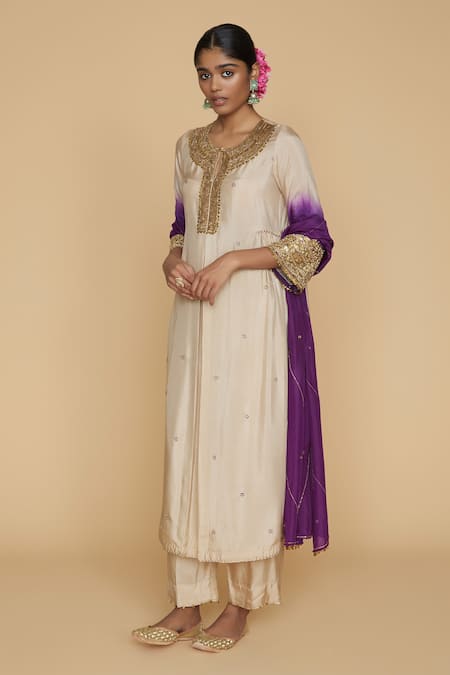 Shop_Label Niti Bothra_Ivory Silk Pitta, Marodi Keyhole Ombre Kurta And Palazzo Set _at_Aza_Fashions