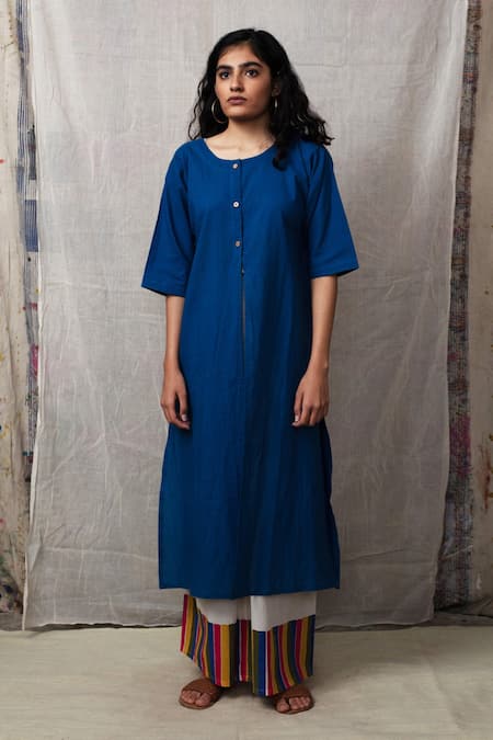 Shop Banana Labs Blue Cotton Plain Round Kurta Set With Stripe Print Dupatta at Aza Fashions Shop_Banana Labs_Blue Cotton Plain Round Kurta Set With Stripe Print Dupatta _at_Aza_Fashions