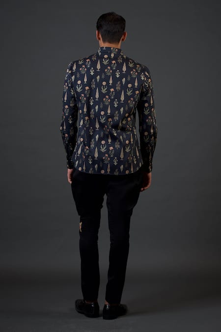 Shop Balance By Rohit Bal Black Poplin, Satin Embroidery Mughal Print Fitted Shirt at Aza Fashions Shop_Balance By Rohit Bal_Black Poplin, Satin Embroidery Mughal Print Fitted Shirt _at_Aza_Fashions
