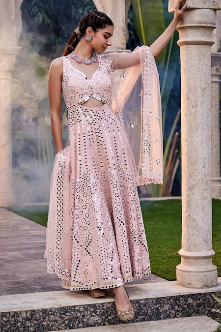 Shop Mehak Murpana Pink Net, Denim Mirrors Round Neck Front Cut Out Embroidered Anarkali Set at Aza Fashions Shop_Mehak Murpana_Pink Net, Denim Mirrors Round Neck Front Cut Out Embroidered Anarkali Set _at_Aza_Fashions