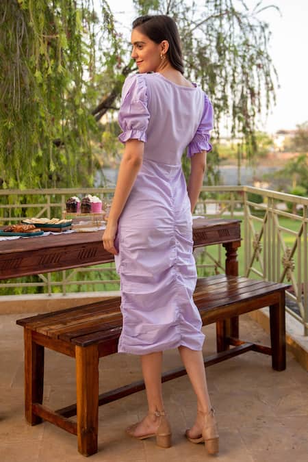 Shop B'Infinite Purple Cotton V-neck Pleated Puffed Sleeve V Midi Dress at Aza Fashions Shop_B'Infinite_Purple Cotton V-neck Pleated Puffed Sleeve V Midi Dress _at_Aza_Fashions