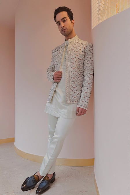 Jatin Malik Linen Silk Embroidered Mughal Pattern Jacket Kurta Set 