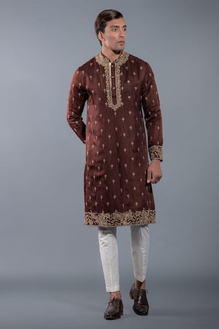 Shop_More Mischief_Brown Silk Linen Embroidery Floral Kurta Set_at_Aza_Fashions