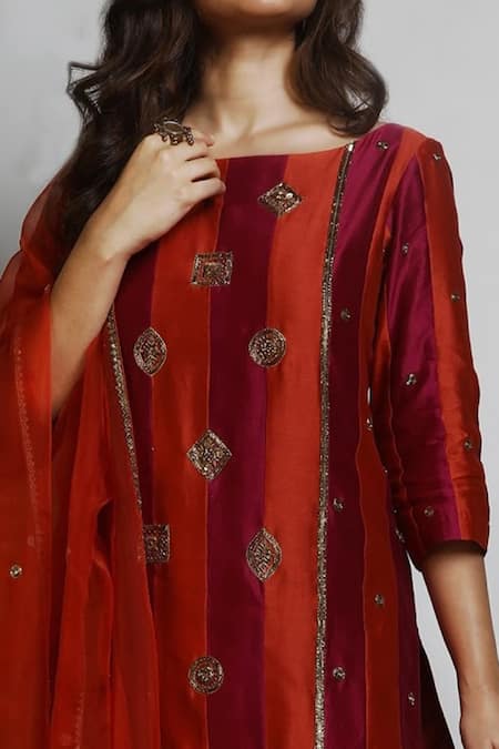 Shop_Mona And Vishu_Red Dupatta  Organza, Kurta And Pant  Dupion Silk Sequins, Hand Embroidered Set _at_Aza_Fashions