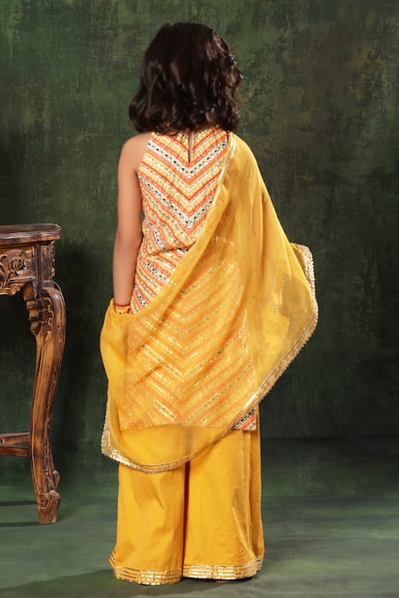 Shop Littlecheer Multi Color Viscose, Satin, Chiffon Lace Stripe Print Straight Kurta Palazzo Set at Aza Fashions Shop_Littlecheer_Multi Color Viscose, Satin, Chiffon Lace Stripe Print Straight Kurta Palazzo Set _at_Aza_Fashions