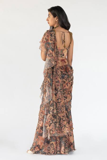 Shop Nikita Vishakha Multi Color Georgette, Sequins Metal Ruffle Saree With Blouse at Aza Fashions Shop_Nikita Vishakha_Multi Color Georgette, Sequins Metal Ruffle Saree With Blouse_at_Aza_Fashions