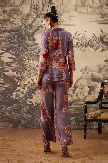 Shop Kalista Purple Viscose Embroidery Botanical Pattern Blazer And Pant Set at Aza Fashions Shop_Kalista_Purple Viscose Embroidery Botanical Pattern Blazer And Pant Set _at_Aza_Fashions