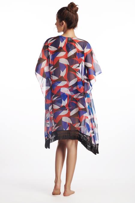 Shop_Kai Resortwear_Red Georgette Open Neck Scarlet Geometric Print Cape _at_Aza_Fashions