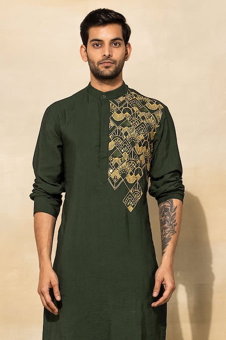 Shop Diyarajvvir Green , Satin Embroidery Geometric Placement Kurta Set at Aza Fashions Shop_Diyarajvvir_Green , Satin Embroidery Geometric Placement Kurta Set _at_Aza_Fashions