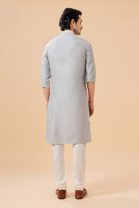 Shop_Raghavendra Rathore Blue_Grey Raw Silk Plain Band Collar Kurta With Pant _at_Aza_Fashions