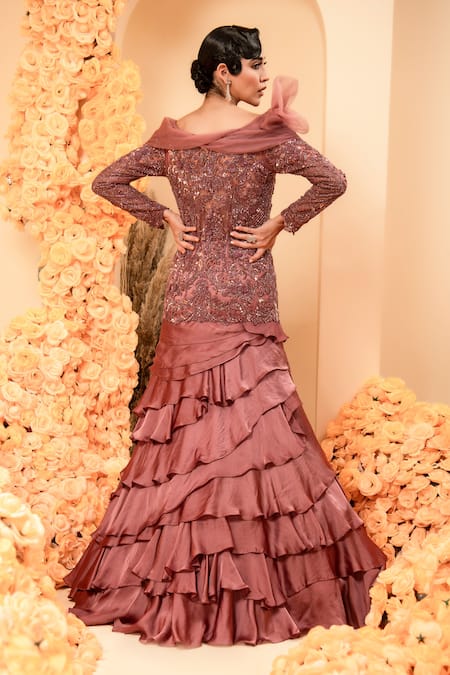 Adi By Aditya Khandelwl Off Shoulder Embroidered Ruffle Gown 