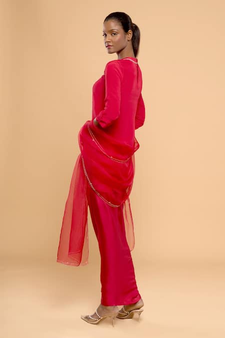 Shop_Mayu Kothari_Red Pure Crepe Hand Embroidered Sequins Kurta Wrap Skirt Set  _at_Aza_Fashions