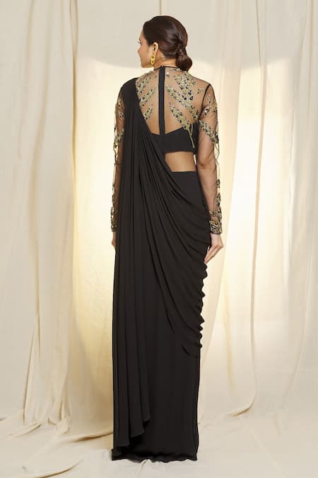 Vivek Patel 3D Embroidered Black Saree Gown 