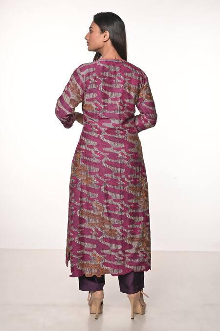 Shop_Soumodeep Dutta_Purple Chanderi Embroidered Kantha Notched Kurta With Pant_at_Aza_Fashions