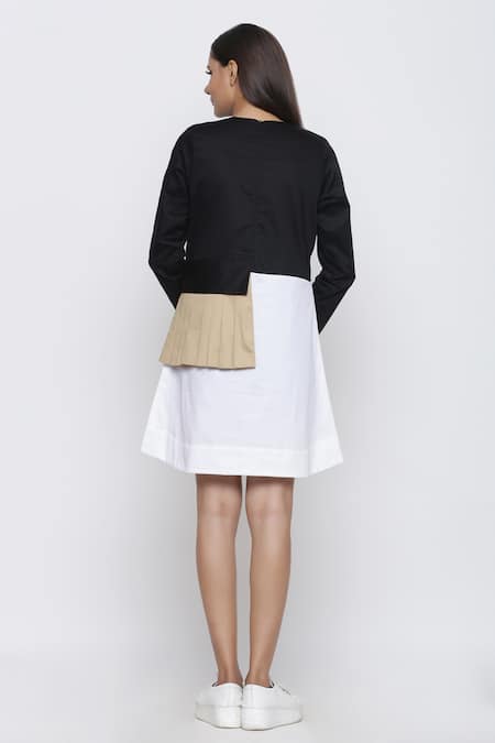 Shop Escape By Aishwarya Black Cotton Satin Round Neck Pleated Patch Colorblock Dress at Aza Fashions Shop_Escape By Aishwarya_Black Cotton Satin Round Neck Pleated Patch Colorblock Dress _at_Aza_Fashions