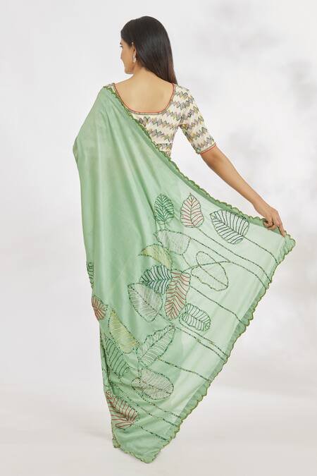 Shop_Paksh_Green Hand Embroidered Beads Saree  _at_Aza_Fashions