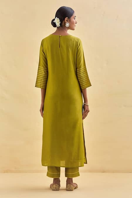 Shop Kamaltaas Green Chanderi Silk, Lining Mulmul Gota, Pittan Embroidered Kurta And Pant Set at Aza Fashions Shop_Kamaltaas_Green Chanderi Silk, Lining Mulmul Gota, Pittan Embroidered Kurta And Pant Set _at_Aza_Fashions