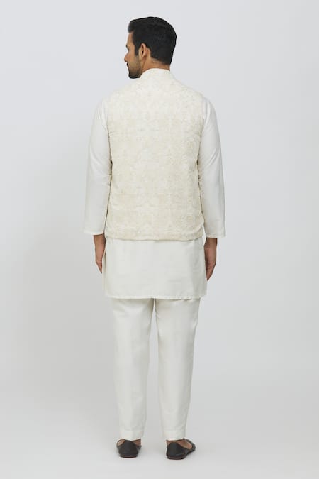 Shop Priti Sahni Ivory Georgette, Cotton, Silk Zari Embroidered Bundi Jacket And Kurta Set at Aza Fashions Shop_Priti Sahni_Ivory Georgette, Cotton, Silk Zari Embroidered Bundi Jacket And Kurta Set _at_Aza_Fashions