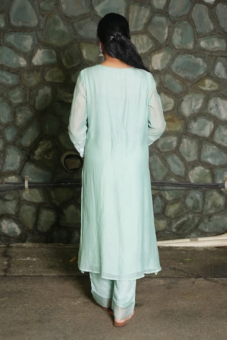 Pants And Pajamas Felt Aqua Chikankari Kurta Pant & Dupatta - Set of 3 