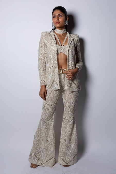 Shop Ritika Mirchandani Ivory Net Embroidery Bead Sage Abstract Blazer And Bell Bottom Pant Set at Aza Fashions Shop_Ritika Mirchandani_Ivory Net Embroidery Bead Sage Abstract Blazer And Bell Bottom Pant Set _at_Aza_Fashions