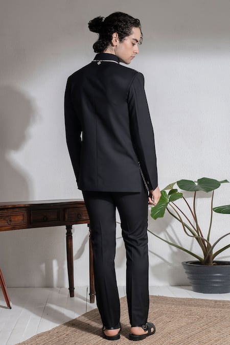 Shop Abkasa Black Terrycloth Embroidery Galle Geometric Bandhgala And Trouser Set at Aza Fashions Shop_Abkasa_Black Terrycloth Embroidery Galle Geometric Bandhgala And Trouser Set _at_Aza_Fashions