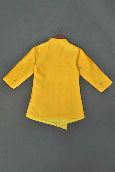 Shop_Maaikid_Yellow Cotton, Silk Embroidery Zardosi Butti Asymmetrical Sherwani Set _at_Aza_Fashions