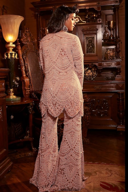 Shop Ridhima Bhasin Pink Organza Embroidery Sequin V Rukh Beads Tunic With Sharara Pant at Aza Fashions Shop_Ridhima Bhasin_Pink Organza Embroidery Sequin V Rukh Beads Tunic With Sharara Pant _at_Aza_Fashions