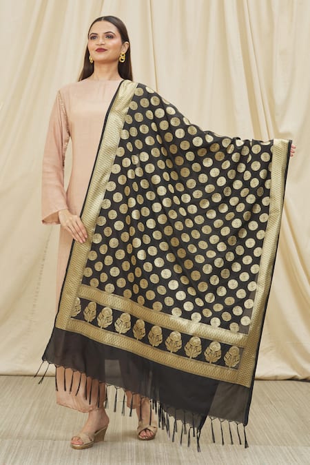Shop Naintara Bajaj Black Brocade, Silk Embroidery Floral And Geometric Woven Dupatta at Aza Fashions Shop_Naintara Bajaj_Black Brocade, Silk Embroidery Floral And Geometric Woven Dupatta _at_Aza_Fashions