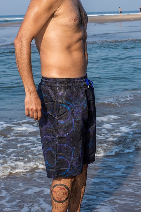 Shop_Goya Swim CO_Blue Polyester Handpainted Geometric Print Board Shorts _at_Aza_Fashions