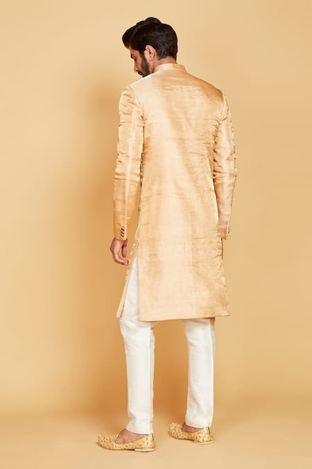 Shop Amrin Khan Pant Silk, Sherwani Tissue Band Collar Set at Aza Fashions Shop_Amrin Khan_Pant Silk, Sherwani Tissue Band Collar Set _at_Aza_Fashions