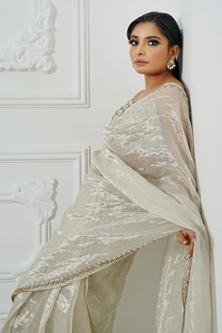 Shop_Amrta By Guneet Kondal_Off White Silk, Viscose Beads Round Neck Hand Embroidered Pre-draped Saree Set _at_Aza_Fashions