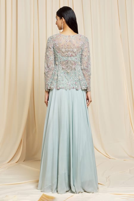 Shop Izzumi Mehta Blue Jacket Net, Lehenga And Blouse Crepe Floral Plunge Hand Embroidered & Set at Aza Fashions Shop_Izzumi Mehta_Blue Jacket Net, Lehenga And Blouse Crepe Floral Plunge Hand Embroidered & Set _at_Aza_Fashions