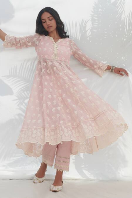 Shop_Mulmul_Pink 100% Pure Mulmul Embroidered Floral Surla Anarkali With Pant _at_Aza_Fashions