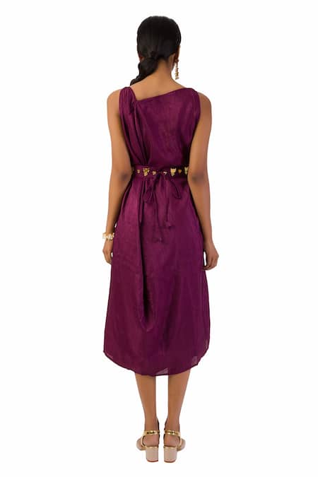 Shop Meghna Shah Wine Denim Beads, Stones Asymmetric Hand Embroidered Cowl Dress With Belt at Aza Fashions Shop_Meghna Shah_Wine Denim Beads, Stones Asymmetric Hand Embroidered Cowl Dress With Belt _at_Aza_Fashions