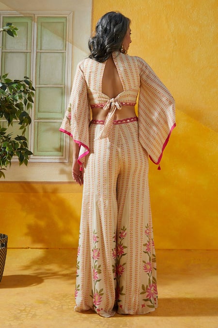 Shop Basil Leaf Beige Chiffon Sequins, Embroidery V-neck Printed Top And Bell Bottom Pant Set at Aza Fashions Shop_Basil Leaf_Beige Chiffon Sequins, Embroidery V-neck Printed Top And Bell Bottom Pant Set _at_Aza_Fashions
