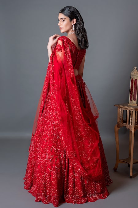 Shop_Kalighata_Red Net Sequins, Cut Work Sweetheart Neck Embellished Bridal Lehenga Set_at_Aza_Fashions