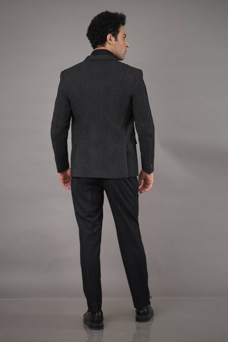 Shop_Para_Black Blazer  Textured Jacquard Spread Collar And Pant Set_at_Aza_Fashions