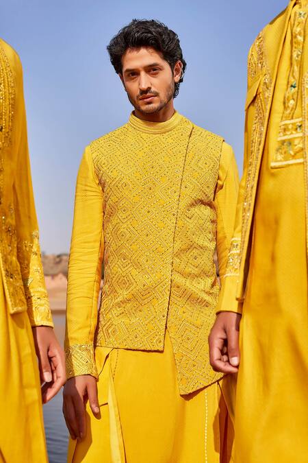 Sarab Khanijou Yellow Silk Geometric Embroidered Bundi Set 