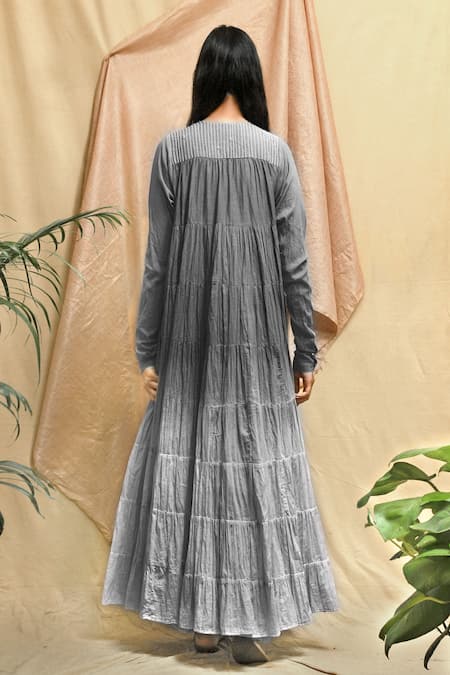 Shop Chambray & CO. Grey Cotton Embroidery Round Neck Tiered Maxi Dress at Aza Fashions Shop_Chambray & CO._Grey Cotton Embroidery Round Neck Tiered Maxi Dress _at_Aza_Fashions