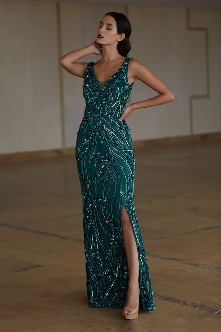 Nadine Dhody Emerald Green Sequin Embroidered Gown 