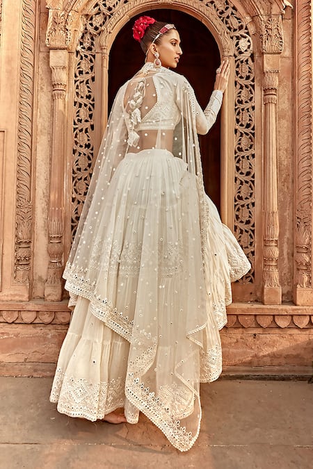 Shop Preevin Off White Cotton, Net, Tulle Mirrors Diamond Pattern Embellished Lehenga Set at Aza Fashions Shop_Preevin_Off White Cotton, Net, Tulle Mirrors Diamond Pattern Embellished Lehenga Set_at_Aza_Fashions